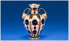 Royal Crown Derby Two Mask Handled Imari Vase c.1878-1890 Height 6 inches. Restoration to Rim Area
