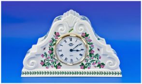 Portmeirion Ceramic Quartz Mantle Clock, floral decoration on white ground. Height 8.25 inches.