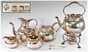 Victorian Very Fine Silver 5 Piece Tea & Coffee Set, comprises spirit kettle, plus tea pot, coffee