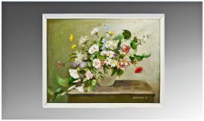 Eve Schofield 1971 Floral Still Life Oil on Board 16 inches x 12 inches. Signed lower right.