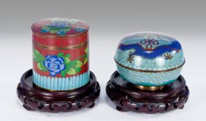 Chinese Late 19th Century Good Quality Cloisonne Trinket Boxes, raised on carved rosewood stands. 2