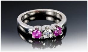Ladies 18 Carat White Gold Diamond and Pink Sapphire, 3 stone ring. Fully hallmarked. Good quality