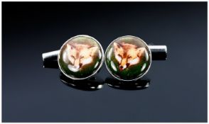 Gents Set Of Silver Cufflinks, Of Circular Form With Chain Links, The Fronts Showing Foxes Heads.