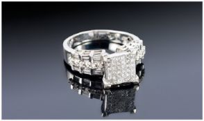 14ct White Gold Diamond Cluster Ring, Central Cluster Of Princess Cut Diamonds, Set With Round