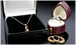 Three Items Of Jewellery, Comprising 9ct Gold Pendant And Chain, 9ct Gold Hoop Earrings And Emerald