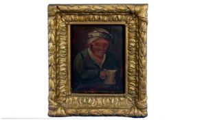 Oil on Panel, depicting a man holding a tankard, possibly 18th century, complete with gilded frame,