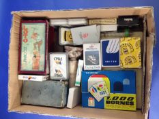 Box of Vintage Games plus a collection of playing cards and collectables.