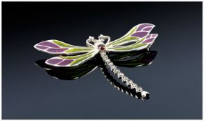 Silver Enamelled Brooch, In The Form Of A Dragonfly, Stamped 925.