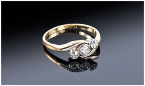18ct Gold Diamond Ring, Millegrain Set With Three Round Cut Diamonds, On A Twist. Rubbed Hallmark,