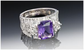 Ladies 9 Carat White Gold Amethyst and Diamond Dress Ring, fully hallmarked 4.8 grammes.