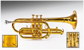 King USA 603 Vintage Brass Cornet, serial no 910563, Benge 7C mouth piece. 17.5 inches long, with