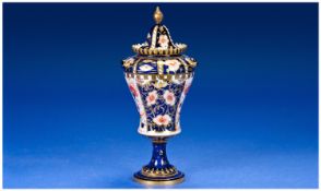 Royal Crown Derby Imari Pattern Lidded Vase, date 1903. Persian Style. Height 7.5 inches.