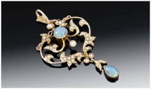 Victorian Fine 9ct Gold Opal and Seed Pearl Openwork Pendant Drop, 2.25 inches high.