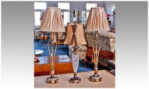 Pair of Contemporary Table Lamps, the pleated shades raised on brass effect scrolled stands, raised