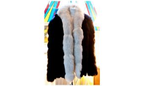 Black Fur Jacket with light blond fox continuous collar and front edges, edge to edge hook and loop