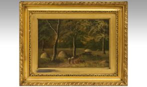 Zellie Platteau Nineteenth Century French Artist `Hay Gathering`. Oil on Panel, Period frame. 6.5