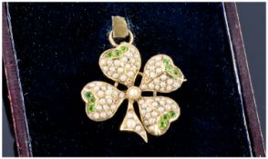 Victorian Fine 14ct Gold Seed Pearl and Peridot Brooch in the form of a Shamrock, stamped 14ct, 1.