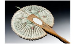 Olive Wood Sorrento Fan, With Integral Mirror Decorated With A Swallow And Painted Ricordo. The Fan