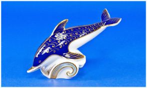 Royal Crown Derby Paperweight Dolphin Gold Stopper Date 1988. 7.25 inches in length with box, 1st