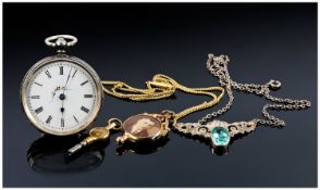 Ladies Silver Fob Watch, Together With A Picture Locket & Chain + Pendant Drop And Chain.