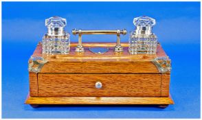 Edwardian Oak and Brass Combination Inkstand and Stationary Box, complete with glass inkwells and