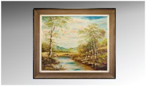 Arthur Fidler Oil on Canvas `Cattle Grazing at Riverside` 24 inches x 20 inches. Signed lower