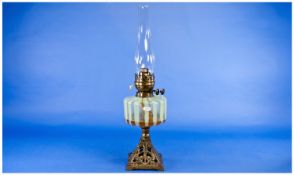 Early 20th Century Double Wick Brass & Glass Table Oil Lamp with two tone glass bowl. Embossed