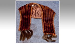 Red Brown Stripe Marmot Fur Stole, coloured to resemble mink, dark brown tails with crochet caps to