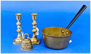 Small Collection of Brass, comprising jam pan, pair of Victorian brass candlesticks and a small