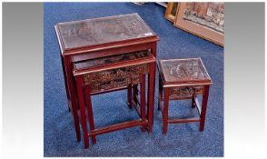 A Good Set Of 4 Chinese Graduated Nest Of Tables. Deeply carved tops depicting Chinese Junks in