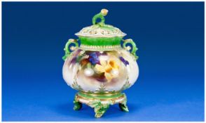 Royal Worcester Handpainted Hadleys Lidded Pot-Pourri/Vase. Date 1905. `Yellow Daffodils` with pale