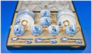 A Very Fine and Rare Royal Worcester Boxed Set of Six Coffee Cups and Saucers, beautifully