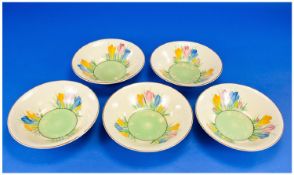 Clarice Cliff Set Of Five Dishes/Bowls `Autumn Crocus` Design. Circa 1930. Each 6`` in diameter.