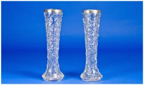 Victorian Silver Topped Pair Of Cut Glass Faceted Flower Vases. Tapered Columns. Hallmark