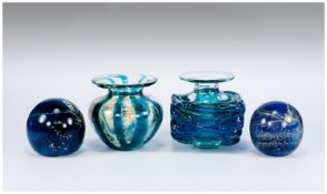 Two Mdina Paperweights and Two Vases comprising globe paperweight in deep turquoise with fine