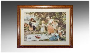 Large Framed Decorative Coloured Print, `The Picnic` 19 by 26 inches. Together with one other.