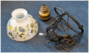 Late Victorian Hanging Oil Light, with opaline glass shade, hand painted with floral foliage, the