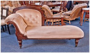 Late Victorian Mahogany Chaise Longue, upholstered back and side, upholstered seat, carved end,