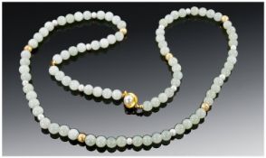 Green Jadeite Coloured Bead Necklace, Interspersed Between 12 Freshwater Pearls and gilded Baubles.