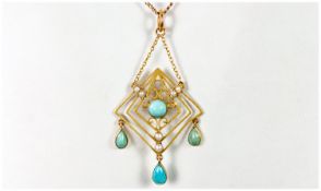 Art Nouveau 9ct Gold Fine Turquoise and Seed Pearl Openwork Pendant. Supported on a 9ct Gold chain.