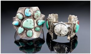 Two South American White Metal/Silver Bangles Set With Turquoise And Coral, One Set With A ``