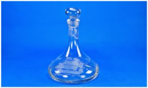 20th Century Ships Glass Decanter, the side with an acid etched sailing ship, measuring 10 inches