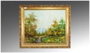 H Stadler Oil on Canvas `Forest Setting with Mountainous background` 24 inches x 20 inches. Signed