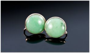 Pair Of 9ct Gold Jade Set Earrings (Diameter Approx 15mm), Each With Screw Backs, Early 20thC.