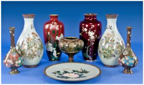 8 Various Pieces Of Japanese Cloisonne Comprising small plate decorated with pink roses and