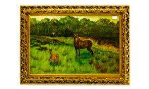 Framed Oil on Board. Stag and Fawn in Meadow. Gilt frame. 27 by 18 inches.