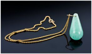 Jade Coloured Pear Shaped Pendant, Suspended On A 9ct Rope Twist Chain.