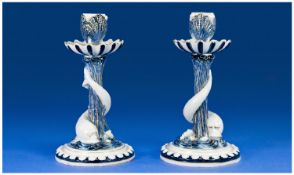 Royal Worcester Pair of Handpainted Dolphin Figural Candle Sticks, circa 1875. Blue and White