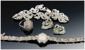 1930`s Ladies Silver and Marcasite Wrist Watch with matching bracelet, earrings and ring. 4 items