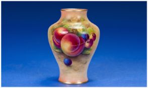 Royal Worcester Handpainted Fruits Vase `Peaches and Berries`. Signed A Shuck, date 1942. Height 4